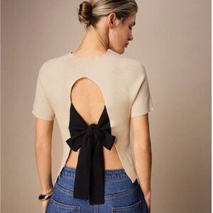 Backless Beige Knit Top Short Sleeve Black Large Bow Tie